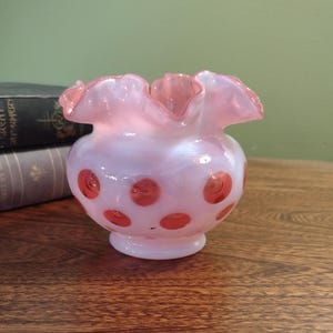 Fenton Vintage Cranberry Ruffled Poka Dot Vase