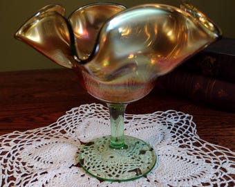1940's Fenton Marigold Green Carnival Glass Berry Bowl Compote