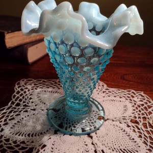 Fenton Blue Opalescent Hobnail Trumpet Vase