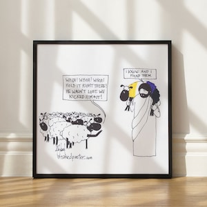 Puede incluir: Impresión enmarcada en negro con una ilustración de dibujos animados. La obra de arte representa un grupo de ovejas y una figura que lleva una oveja. Las burbujas de texto contienen frases como "¡Whoa!" y "Lo sé y los encontré".