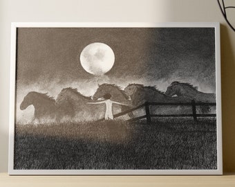 Black and White Print | Sophia Freedom Drawing | Housewarming Gift | | Wall Art | Horse Wall Art, Full Moon Moody Artwork, Night Aesthetic