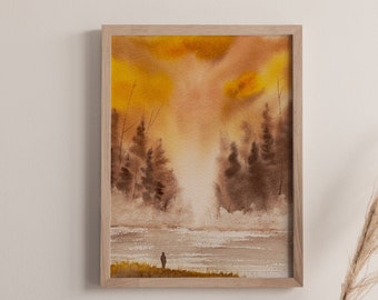 Orange Brown Sky against Foggy Pine Forest Watercolor Art Print: Come Sun, Autumn Fall Nature Wall Art, Warm Color Palette, Sunrise Sunset