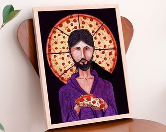 The Pizza Christ Printable Jesus Wall Art | Modern Christian Art | Pastor Office Art | LGBTQ Jesus | Kitchen Poster Illustration