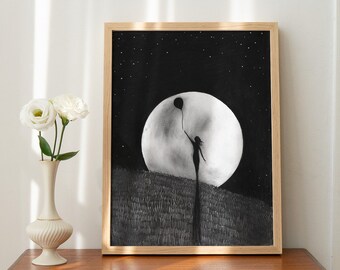 Silhouette of Woman with Balloon Against the Full Moon at Night: Sophia Release Printable Wall Art, Let it Go, Heal from Trauma & Shame