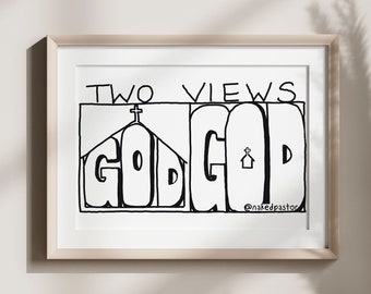 Two Views of God and Church Printable Religious Art | Christian Wall Art | Liberal Christian | God Religious Cartoon | Pastor Gift