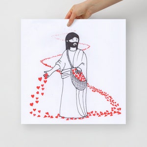 Poster di Gesù in bianco e nero, Cuori rossi, Semina amore così tanto amore, Dono cristiano incondizionato, Cristo, Semi del vero amore