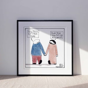 Impresión artística cristiana LGBTQ: Caricatura "Saliendo del clóset con Jesús" (Descarga digital)