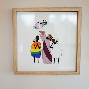 Bambino transgender che ama Gesù + famiglia queer: arte cristiana progressista, stampa divertente per la famiglia LGBTQ+ di Gesù, famiglie queer diverse, Gesù transgender