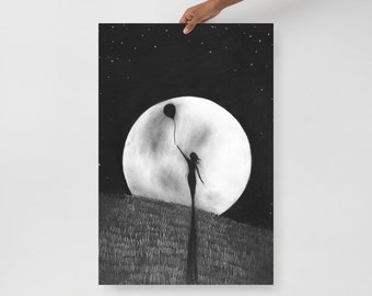 Letting Go Spiritual Art: Woman with Balloon Sillhouette Against the Night Sky and Full Moon - Sophia Release Art Print, Deconstruction Gift