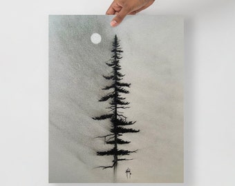 Charcoal Artwork: Single Pine Tree at Night Under Full Moon, Nature Artwork, Moody Forest Drawing, Contemplative Art Print, Lonliness Art