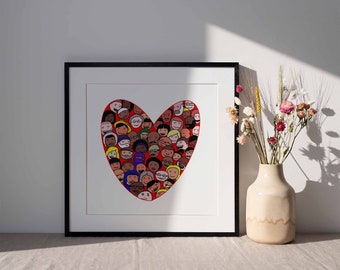 Cheerful Heart with Colorful Diverse Faces of People: Love Everybody Print, Kindness Classroom Decor, Be Kind Wall Hanging, Inclusion Print