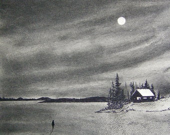 Please Wait For Me Charcoal Drawing Print: Cabin in the Country at Night Under Full Moon Wall Art, Solitude and Peace Artwork, Winter Snow