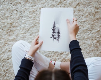 Two Pines  Charcoal Art Print: Winter Canada Trees, Canadian Forest art, 2 Pine Trees Under a Full Moon, Pine Trees Forest Poster