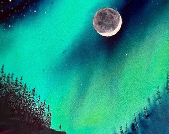 Original Watercolor Painting: Person Gazing at Crescent Moon, That is the Me I'm Going to Be, Self Empowerment Art, Dark Forest at Night