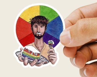 LGBTQ Jesus Marriage Equality Sticker: Let them Eat Cake - Jesus with Rainbow Wedding Cake for Pride Month Decal and Same Sex Marriage Gift