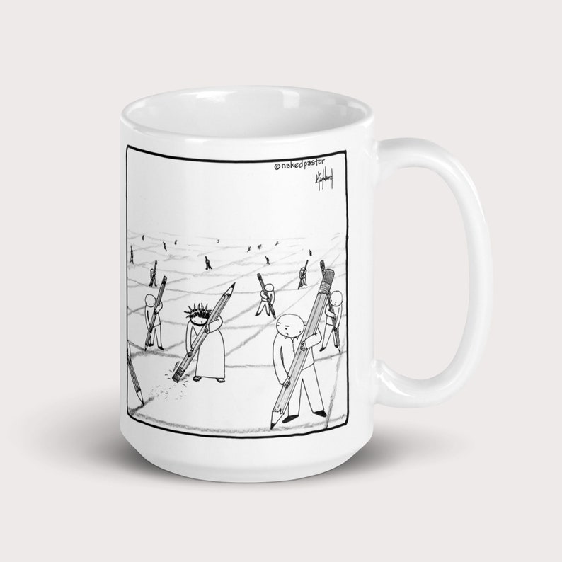 Liberal Christian Mug Christ Erasing Lines of Division: Jesus Eraser Coffee Mug, Naked Pastor Cartoon Art Gift, Unity Stronger Together image 3