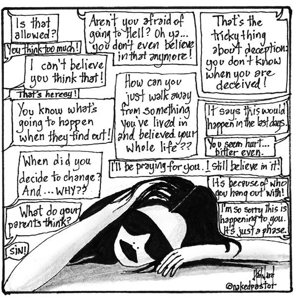 cartoon of speech bubbles showing what people say when you question your beliefs