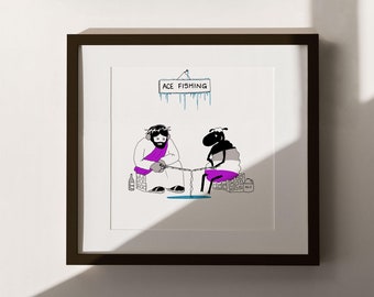 Ace Fishing Cartoon Print | Asexual Christian | Ace Jesus Print | Ace Art |