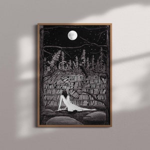 Woman Reading in Library Art Print - Nighttime Book Lover Illustration - Cozy Library Wall Art Decor