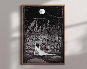 Woman with Books in Library at Night Under a Full Moon Art Print: Love of Learning, Sophia Study Print, Deconstruction, Empowerment Wall Art
