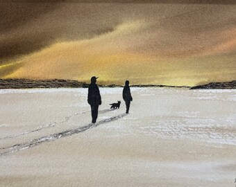 Framed Original Watercolor: Partners Walking Together in Snow with Dog, Vast Wide Open Space Landscape Painting, I Love the Space Before Us