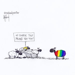 This Means You Too Gay Cartoon | LGBTQ Print | Liberal Nativity Art | Jesus Christ Print, Faith Decor, Faith Print