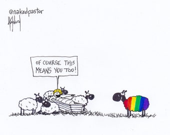 This Means You Too Gay Cartoon | LGBTQ Print | Liberal Nativity Art | Jesus Christ Print, Faith Decor, Faith Print