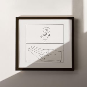 Może przedstawiać: Czarno-biała ilustracja osoby pytającej "Boże, gdzie jesteś?" z ręką sięgającą z góry, trzymającą mniejszą wersję tej osoby.