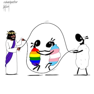 Impressão digital cristã queer para download - Ilustração de desenho animado de Jesus brincalhão e amoroso com amigos LGBTQIA+, arte de parede religiosa inclusiva
