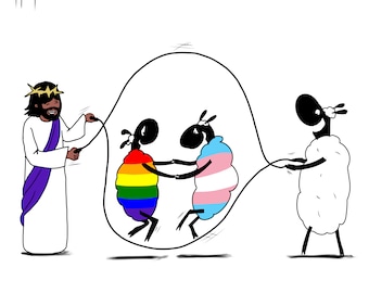 Jesus Loving His LGBTQIA Friends: Skipping Trans Print, Queer Jesus Christ Poster, Jesus loves you, Church Artwork for LGBTQ Christians