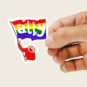 Ally Pride Sticker | Happy Person Waving Rainbow Ally Flag |  Rainbow LGBTQ+ Flag Decal |