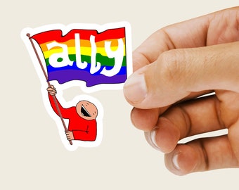 Ally Pride Sticker: Rainbow LGBTQ+ Flag Sticker, Happy Person Waving Rainbow Ally Flag, Inclusive Supportive Cartoon Art, Pride Month