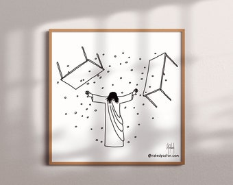 Line Art Drawing of Jesus Flipping Tables, Matthew 21:12, Christian Gift for Him, Boyfriend Present, Fathers Day Wall Art, Art for Office,