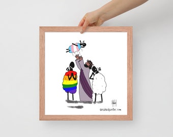 Framed Art: Jesus with Transgender and LGBTQ+ Family Members, Family Fun, inclusive Christian Artwork Cartoon, Rainbow and Trans Flag Colors