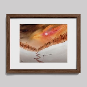 Może przedstawiać: Obraz akwarelowy w brązowej drewnianej ramie. Dzieło przedstawia zachód słońca nad zaśnieżonym krajobrazem z rzeką i drzewami. Widoczny jest tekst "FUCK YOUR ALGORITHM".