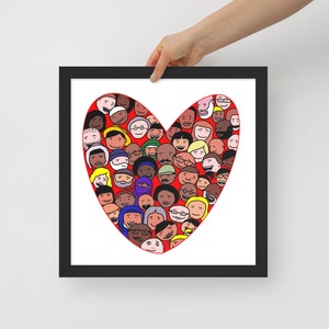 Framed Heart Wall Art: Love Everybody, Red Heart with Diverse Smiling Humans, Jesus Loves Everyone, Inclusion Artwork, Colorful Framed Art