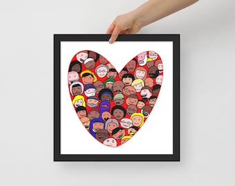 Framed Heart Wall Art: Love Everybody, Red Heart with Diverse Smiling Humans, Jesus Loves Everyone, Inclusion Artwork, Colorful Framed Art