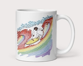 Surfing Jesus Riding LGBTQ Rainbow Coffee Mug: Wave of Gay Theology Christianity Artwork, Pride Month Gift, Christ on a Surfboard Cartoon