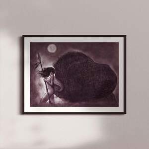May include: A black and white illustration of a woman holding a spear and walking next to a large bison under a full moon.