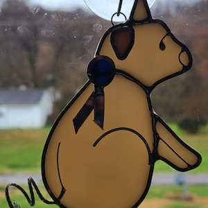 Stained Glass Blue Ribbon Pig Suncatcher