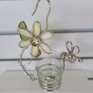 Stained Glass Pale Yellow Flower and Bee Hanging or Sitting Votive Candle Holder