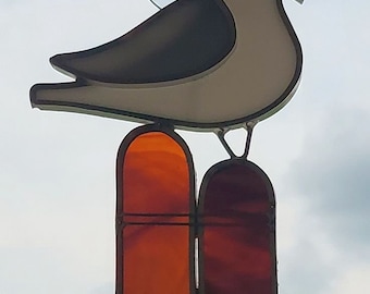 Stained Glass Sea Gull on Pier Post Suncatcher