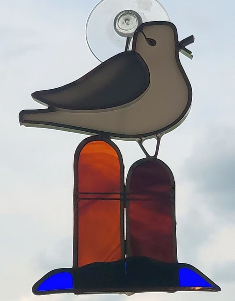 Stained Glass Sea Gull on Pier Post Suncatcher image 1