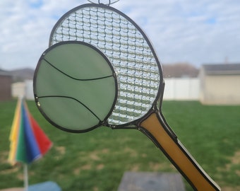 Stained Glass Tennis Racket and Tennis Ball Suncatcher