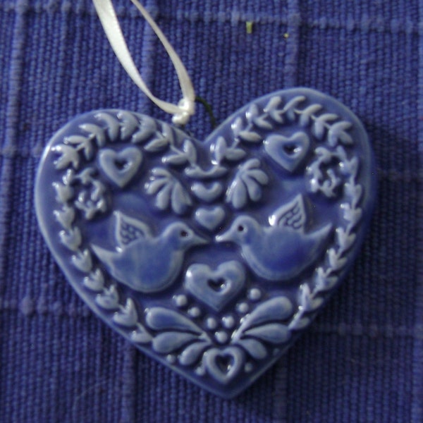 Blue  Ceramic clay heart tile ornament with doves for any day