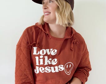 Sudadera con capucha cristiana con estampado abullonado "Amo a Jesús", cuello redondo y mangas acolchadas, ropa cristiana, sudadera basada en la fe, regalos cristianos únicos