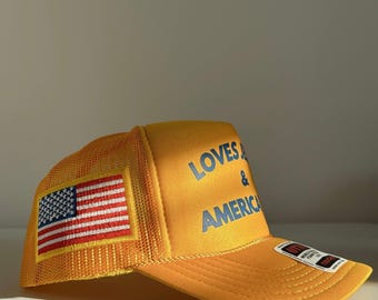 Casquette trucker patriotique avec écusson drapeau américain personnalisé 4 juillet Loves Jesus and America Too