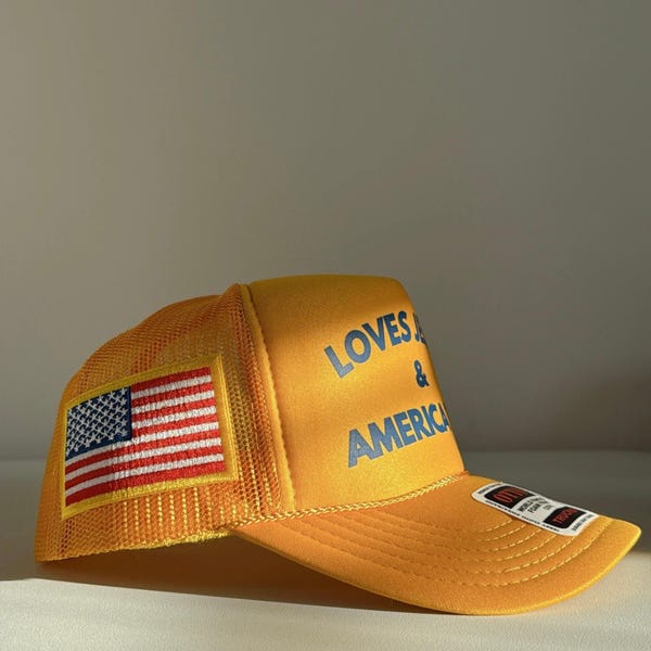 Patriotic Trucker Hat with American Flag Patch Custom 4th of July Loves Jesus and America Too