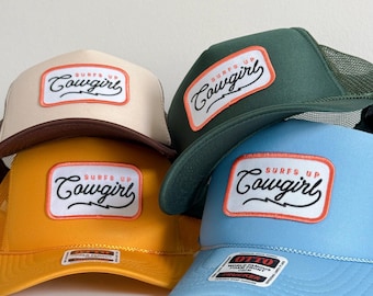 Surfs Up Cowgirl Embroidered Patch Trucker Hat Custom Vintage Snapback Summer Beach Party Hat Retro Coastal Cowgirl Country Western Hat