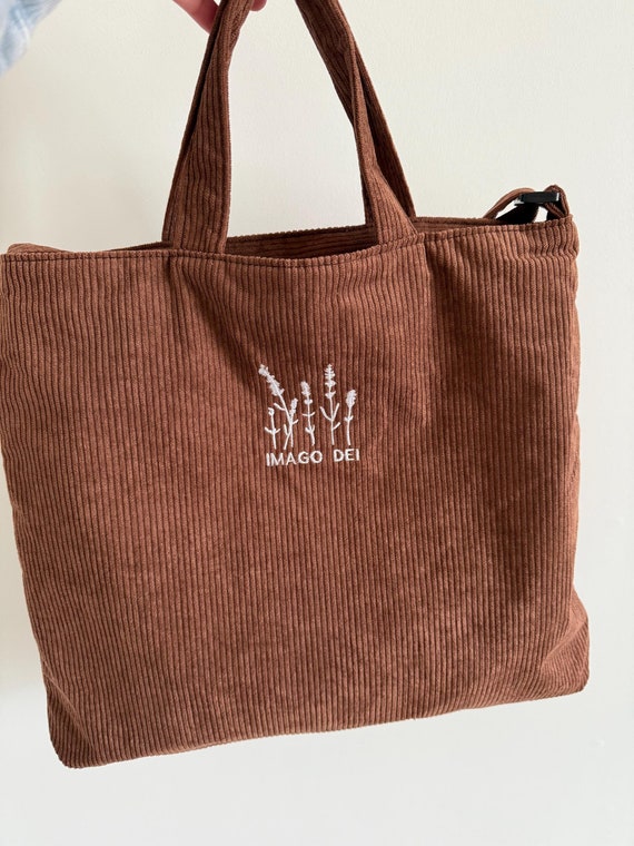 Embroidered Tote Bag Wildflower Corduroy Bible Study Bag with Zipper Christian Imago Dei Boho Everyday Bag with Adjustable Straps Floral Bag